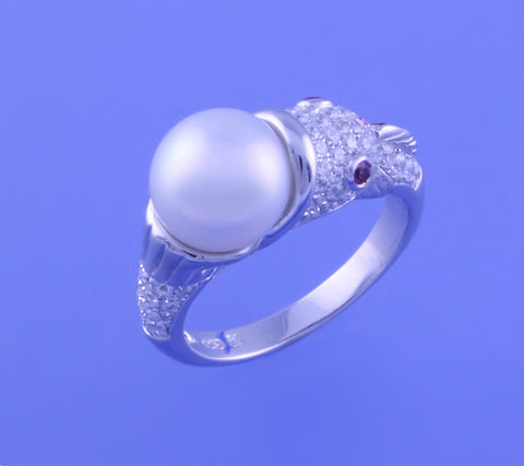 Sterling Silver Ring with 9-9.5mm Button Shape Freshwater Pearl and Cubic Zirconia