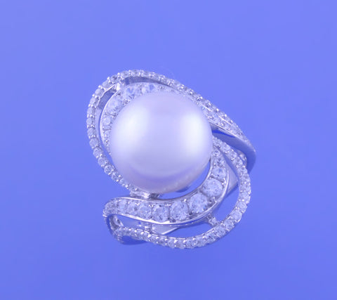 Sterling Silver Ring with 12-12.5mm Button Shape Freshwater Pearl and Cubic Zirconia