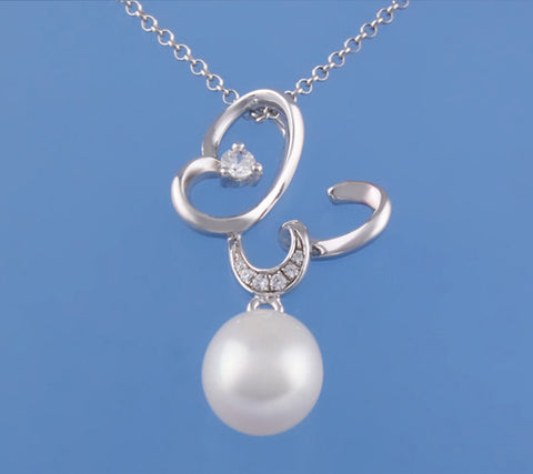 Sterling Silver Pendant with 9-9.5mm Drop Shape Freshwater Pearl and Cubic Zirconia