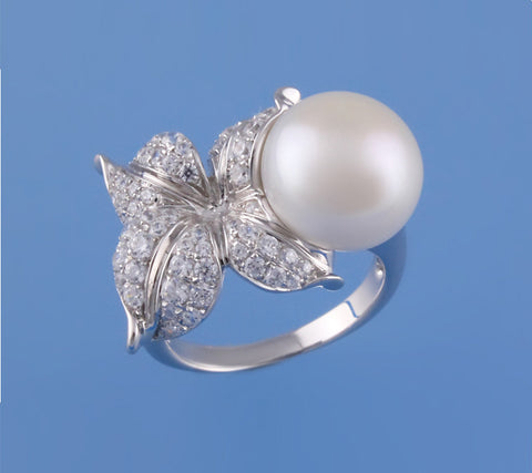 Sterling Silver Ring with 11.5-12mm Button Shape Freshwater Pearl and Cubic Zirconia