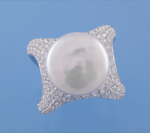 Sterling Silver Ring with 15-15.5mm Coin Shape Freshwater Pearl and Cubic Zirconia