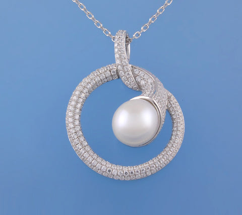 Sterling Silver Pendant with 10-10.5mm Drop Shape Freshwater Pearl and Cubic Zirconia