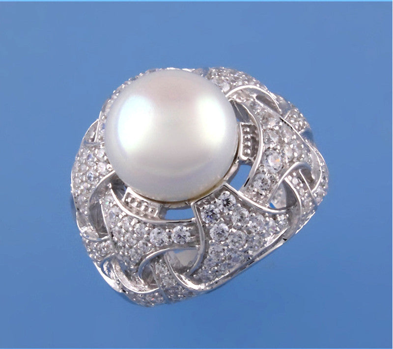 Sterling Silver Ring with 11.5-12mm Button Shape Freshwater Pearl and Cubic Zirconia - Wing Wo Hing Jewelry Group - Pearl Jewelry Manufacturer