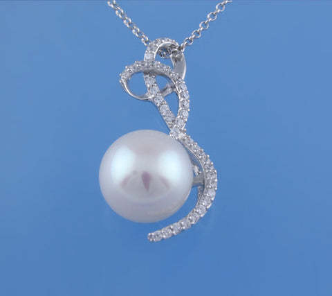 Sterling Silver Pendant with 12-12.5mm Button Shape Freshwater Pearl and Cubic Zirconia