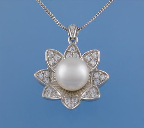 Sterling Silver Pendant with 8.5-9mm Button Shape Freshwater Pearl and Cubic Zirconia