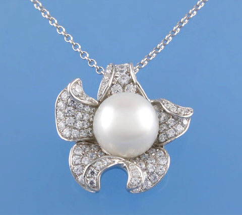 Sterling Silver Pendant with 9.5-10mm Button Shape Freshwater Pearl and Cubic Zirconia