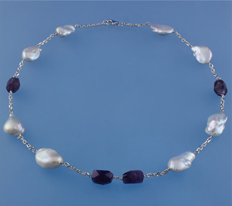 Sterling Silver Necklace with 11-12mm Baroque Shape Freshwater Pearl and Amethyst - Wing Wo Hing Jewelry Group - Pearl Jewelry Manufacturer