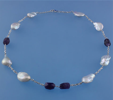 Sterling Silver Necklace with 11-12mm Baroque Shape Freshwater Pearl and Amethyst