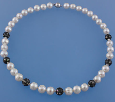 Sterling Silver Necklace with 9.5-10.5mm Ringed Shape Freshwater Pearl Mosaics Stone