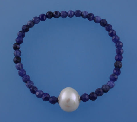 Sterling Silver Bracelet with 11.5-12.5mm Potato Shape Freshwater Pearl and Sodalite
