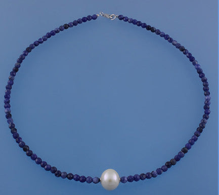 Sterling Silver Necklace with 11.5-12.5mm Round Shape Freshwater Pearl and Sodalite - Wing Wo Hing Jewelry Group - Pearl Jewelry Manufacturer