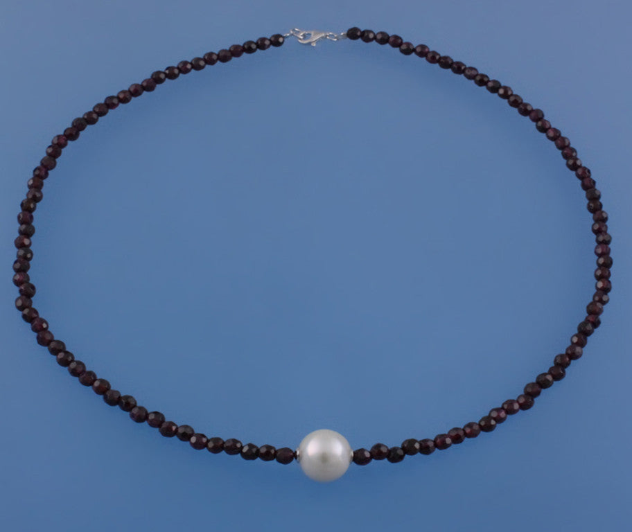 Sterling Silver Necklace with 11.5-12.5mm Potato Shape Freshwater Pearl and Garnet - Wing Wo Hing Jewelry Group - Pearl Jewelry Manufacturer