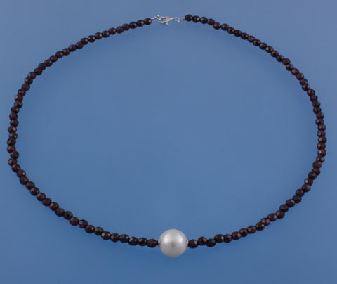 Sterling Silver Necklace with 11.5-12.5mm Potato Shape Freshwater Pearl and Garnet