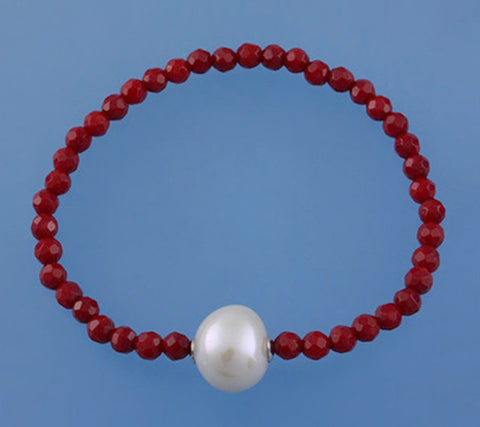 Sterling Silver Bracelet with 11.5-12.5mm Round Shape Freshwater Pearl and Corallite