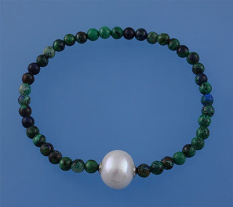 Sterling Silver Bracelet with 11.5-12.5mm Round Shape Freshwater Pearl and Malachite