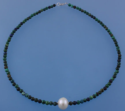 Sterling Silver Necklace with 11.5-12.5mm Round Shape Freshwater Pearl and Malachite - Wing Wo Hing Jewelry Group - Pearl Jewelry Manufacturer