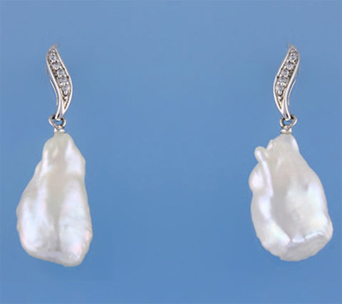 Sterling Silver Earrings with 11-12mm Baroque Shape Freshwater Pearl and Cubic Zirconia