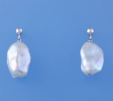 Sterling Silver Earrings with 13-14mm Baroque Shape Freshwater Pearl and Silver Ball