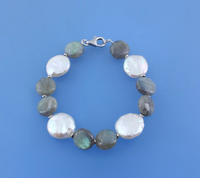 Sterling Silver Bracelet with 14-15mm Coin Shape Freshwater Pearl and Labradorite - Wing Wo Hing Jewelry Group - Pearl Jewelry Manufacturer