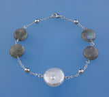Sterling Silver Bracelet with 14-15mm Coin Shape Freshwater Pearl and Labradorite - Wing Wo Hing Jewelry Group - Pearl Jewelry Manufacturer