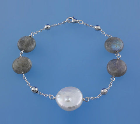 Sterling Silver Bracelet with 14-15mm Coin Shape Freshwater Pearl and Labradorite