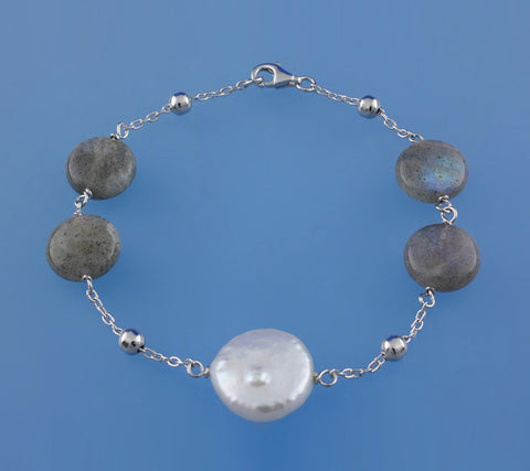 Sterling Silver Bracelet with 14-15mm Coin Shape Freshwater Pearl and Labradorite