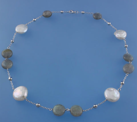 Sterling Silver Necklace with 14-15mm Coin Shape Freshwater Pearl and Labradorite