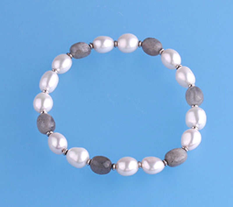 Sterling Silver Bracelet with 7.5-8mm Oval Shape Freshwater Pearl and Labradorite - Wing Wo Hing Jewelry Group - Pearl Jewelry Manufacturer