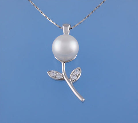 Sterling Silver Pendant with 10-10.5mm Button Shape Freshwater Pearl and Cubic Zirconia