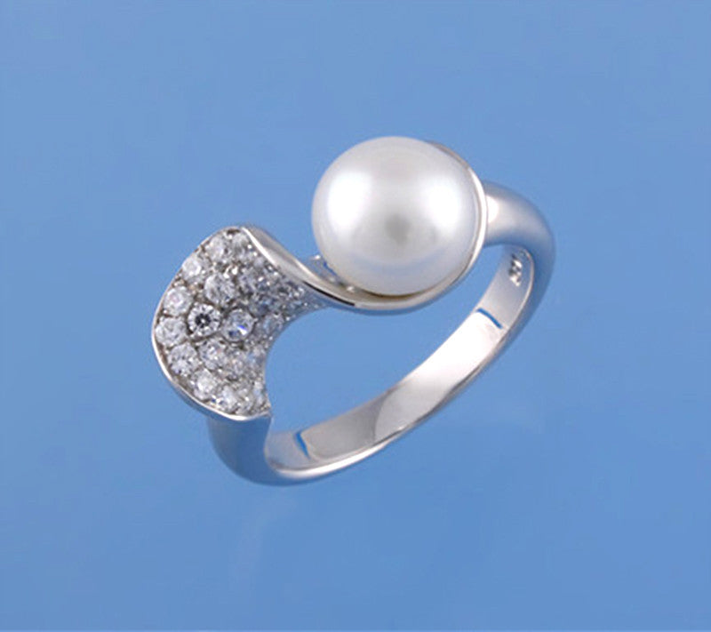 Sterling Silver Ring with 8-8.5mm Button Shape Freshwater Pearl and Cubic Zirconia - Wing Wo Hing Jewelry Group - Pearl Jewelry Manufacturer