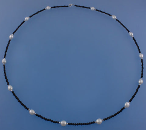 Sterling Silver Necklace with 7.5-8mm Oval Shape Freshwater Pearl and Black Agate