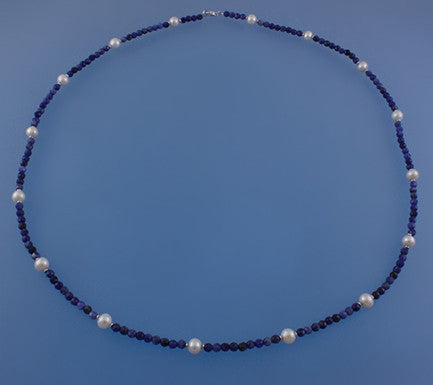 Sterling Silver Bracelet with 7.5-8mm Potato Shape Freshwater Pearl and Blue-Veins Stone