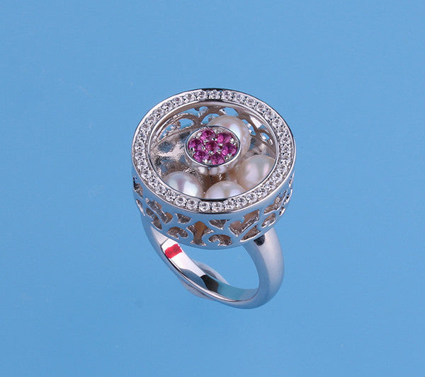 Sterling Silver Ring with 5.5-6mm Round Shape Freshwater Pearl, Cubic Zirconia and Red Corundum - Wing Wo Hing Jewelry Group - Pearl Jewelry Manufacturer