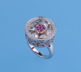 Sterling Silver Ring with 5.5-6mm Round Shape Freshwater Pearl, Cubic Zirconia and Red Corundum - Wing Wo Hing Jewelry Group - Pearl Jewelry Manufacturer