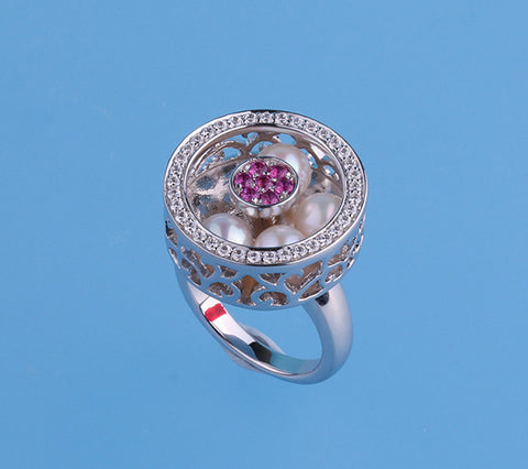 Sterling Silver Ring with 5.5-6mm Round Shape Freshwater Pearl, Cubic Zirconia and Red Corundum