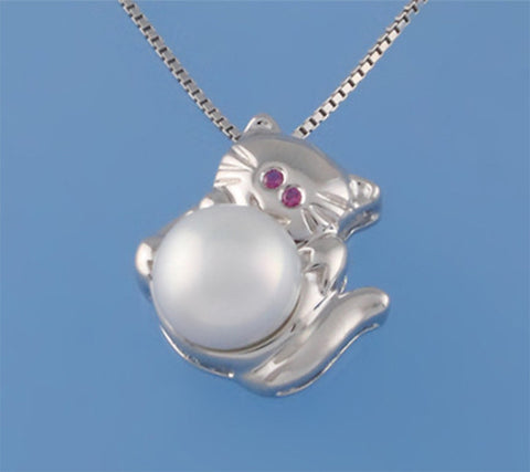 Sterling Silver Pendant with 7-7.5mm Button Shape Freshwater Pearl and Red Corundum