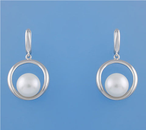 Sterling Silver Earrings with 10.5-11mm Button Shape Freshwater Pearl