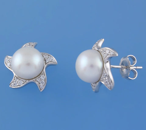 Sterling Silver Earrings with 8.5-9mm Button Shape Freshwater Pearl and Cubic Zirconia