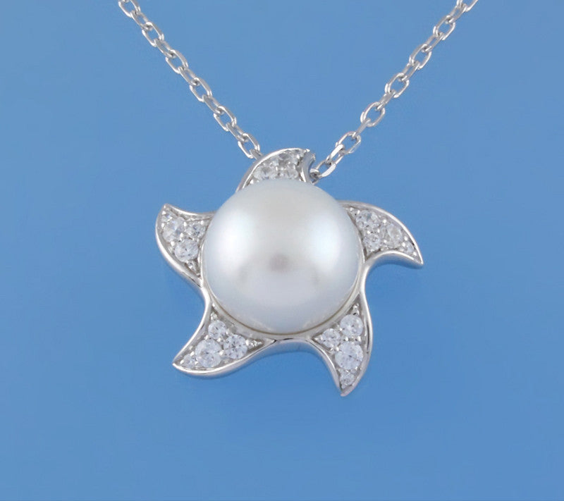 Sterling Silver Pendant with 11.5-12mm Button Shape Freshwater Pearl and Cubic Zirconia - Wing Wo Hing Jewelry Group - Pearl Jewelry Manufacturer