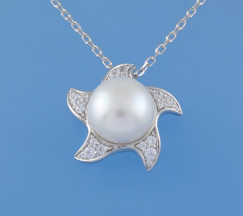 Sterling Silver Pendant with 11.5-12mm Button Shape Freshwater Pearl and Cubic Zirconia