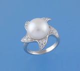 Sterling Silver Ring with 11.5-12mm Button Shape Freshwater Pearl and Cubic Zirconia - Wing Wo Hing Jewelry Group - Pearl Jewelry Manufacturer