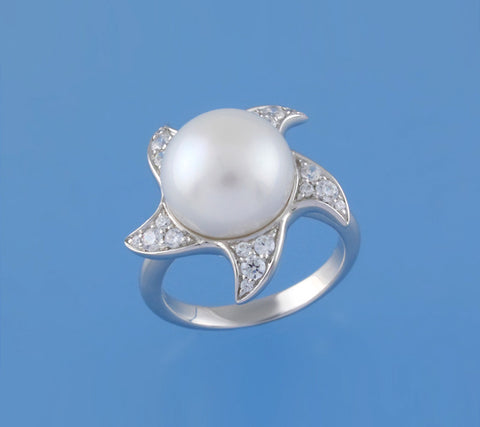Sterling Silver Ring with 11.5-12mm Button Shape Freshwater Pearl and Cubic Zirconia