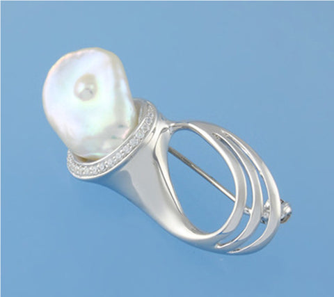 Sterling Silver Brooch with 12.5-13mm Baroque Shape Freshwater Pearl and Cubic Zirconia