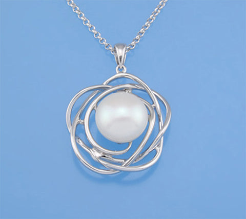 Sterling Silver Pendant with 12-12.5mm Button Shape Freshwater Pearl