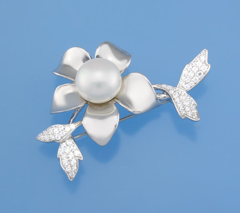 Sterling Silver Brooch with 11.5-12mm Button Shape Freshwater Pearl and Cubic Zirconia - Wing Wo Hing Jewelry Group - Pearl Jewelry Manufacturer