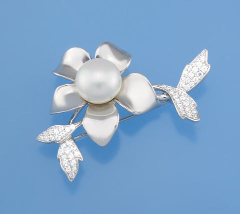 Sterling Silver Brooch with 11.5-12mm Button Shape Freshwater Pearl and Cubic Zirconia