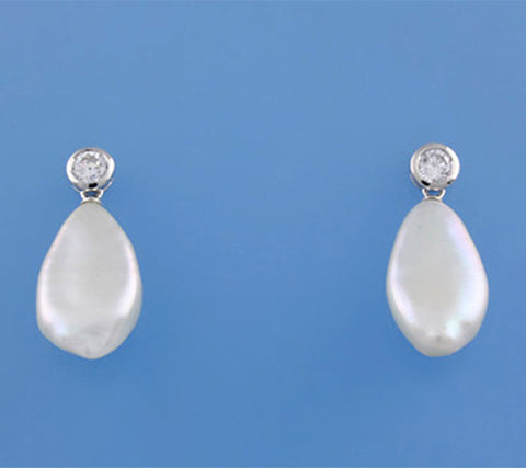 Sterling Silver Earrings with 11-12mm Baroque Shape Freshwater Pearl and Cubic Zirconia