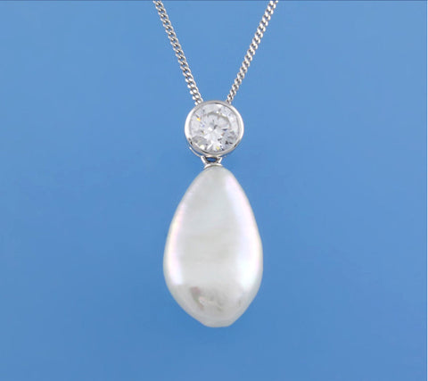 Sterling Silver Pendant with 11-12mm Baroque Shape Freshwater Pearl and Cubic Zirconia