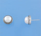 White and Black Plated Silver Earrings with 9-9.5mm Button Shape Freshwater Pearl - Wing Wo Hing Jewelry Group - Pearl Jewelry Manufacturer