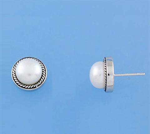 White and Black Plated Silver Earrings with 9-9.5mm Button Shape Freshwater Pearl